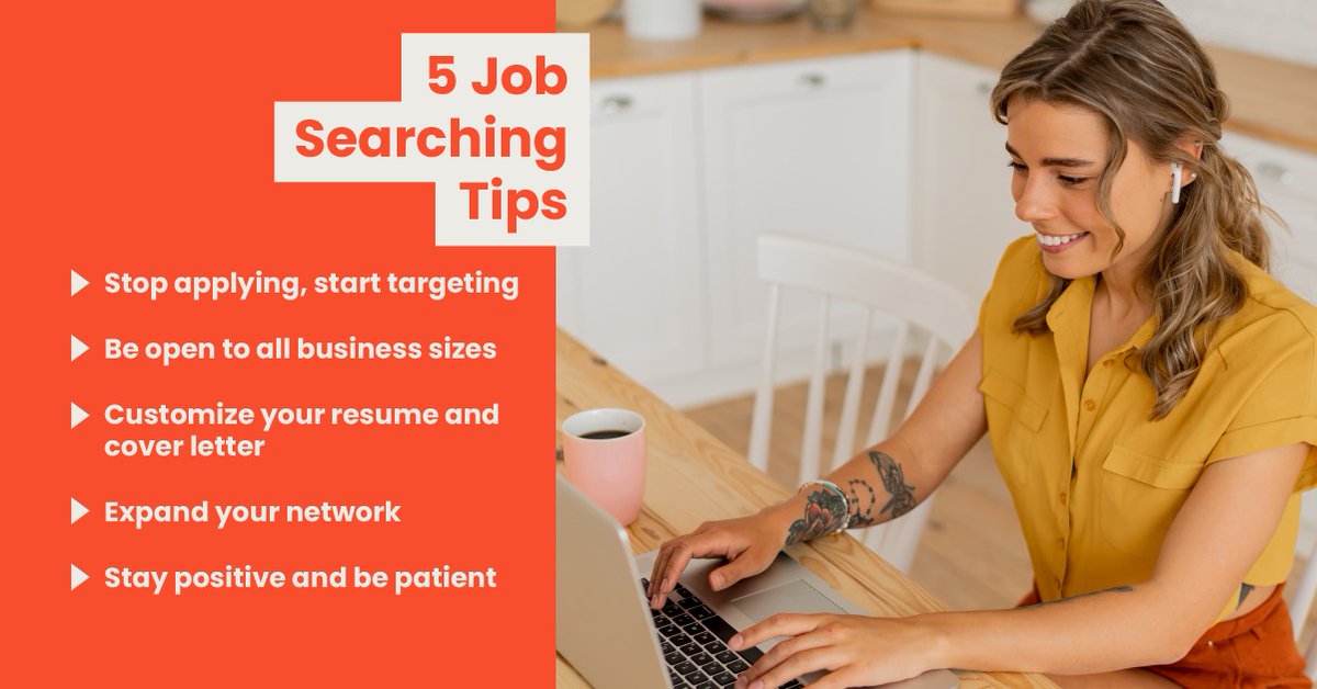 LifeDeedsDMV's tweet photo. 5 Job Searching Tips: 

•Stop applying, start targeting 
•Be open to all business sizes 
•Customize your resume and cover letter 
•Expand your network 
•Stay positive and be patient https://t.co/5u2Zvt7VWe