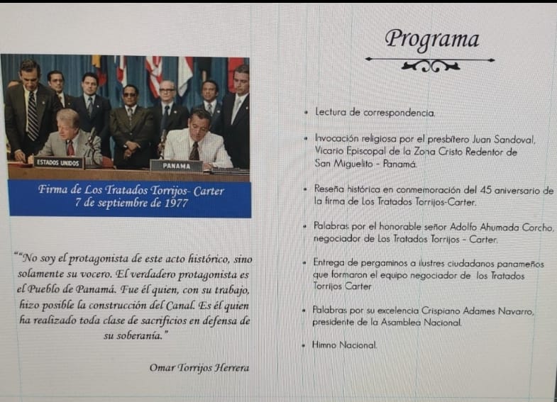 Este es el programa oficial q conmemora los 45 años de la firma de los tratados Torrinos Carter <a href="/AdamesCrispiano/">Crispiano Adames</a> <a href="/asambleapa/">Asamblea Nacional</a>