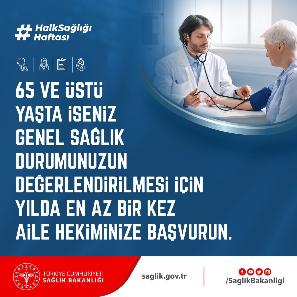 65 ve üstü yaşta iseniz genel sağlık durumunuzun değerlendirilmesi için yılda en az bir kez Aile Hekiminize başvurun. Kişinin genel sağlık durumu incelenirken günlük yaşam alışkanlıkları ve kullandığı ilaçlar da gözden geçirilmektedir.
#HalkSağlığıHaftası
#KronikHastalıkTakibi