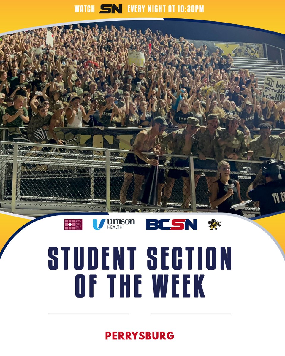 BCSNsports's tweet photo. It's time to announce...

...our @UnisonHealthTol @MHRSBofLucasCO Student Section of the Week... 

...drum roll...

"THE SWARM" Perrysburg's @JacketNation5... YOU WON THE BELT! 👏

We'll see you this Friday... 😏

| #SSOTW https://t.co/JRdKMReRMq