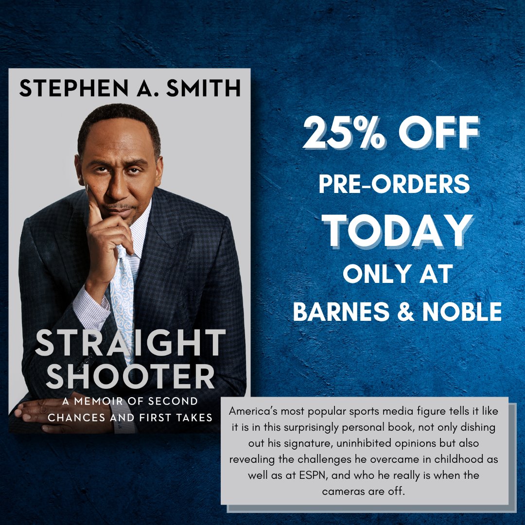 stephenasmith's tweet image. Pre-order your copy of my memoir today from Barnes &amp;amp; Noble and receive 25% off the book. 

Use promo code PREORDER25 at checkout to receive this discount. 

Link is in the bio. 

#straightshooter #barnesandnoble #discount #stephenasmith