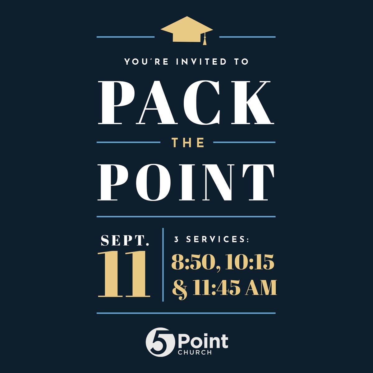 Today's To-Do List for all 5 Point Members:

✅Read The Bible
✅Invite Someone to Pack The Point

See you and your +1 or +100 this Sunday, September 11 at 8:50 AM, 10:15 AM, or 11:45 AM for Pack the Point ❤️