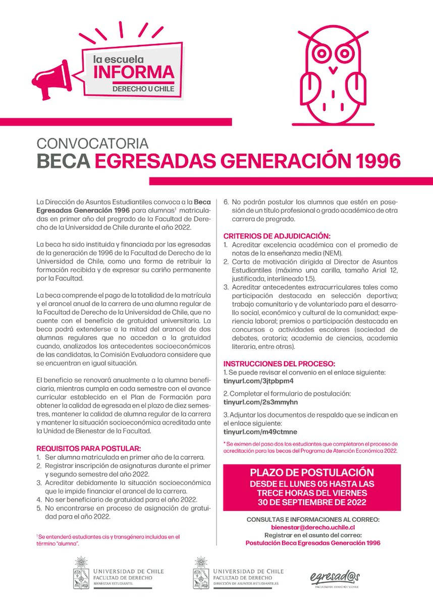 derechouchile's tweet photo. #Convocatoria | Beca Egresadas Generación 1996 | La Dirección de Asuntos Estudiantiles convoca a alumnas de primer año del pregrado de @derechouchile 2022 para el pago de matrícula y arancel 

📅 Postula hasta el 30 de septiembre 
✉Consultas e info en bienestar@derecho.uchile.cl https://t.co/hLtso0xvyC