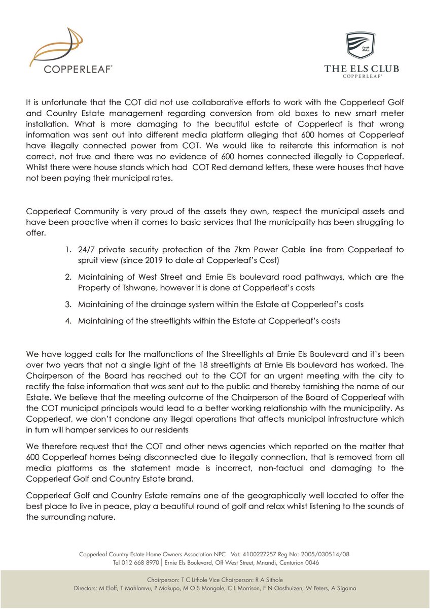 copperleaf_sa's tweet photo. COPPERLEAF GOLF AND COUNTRY ESTATE MEDIA RELEASE STATEMENT ON ALLEGED ILLEGAL ELECTRICITY BY RESDIENTS OF COPPERLEAF
@CityTshwane @News24 @eNCA @GlblCtznAfrica @SAfmnews @Powerfm987 https://t.co/iEb9CHWeHA