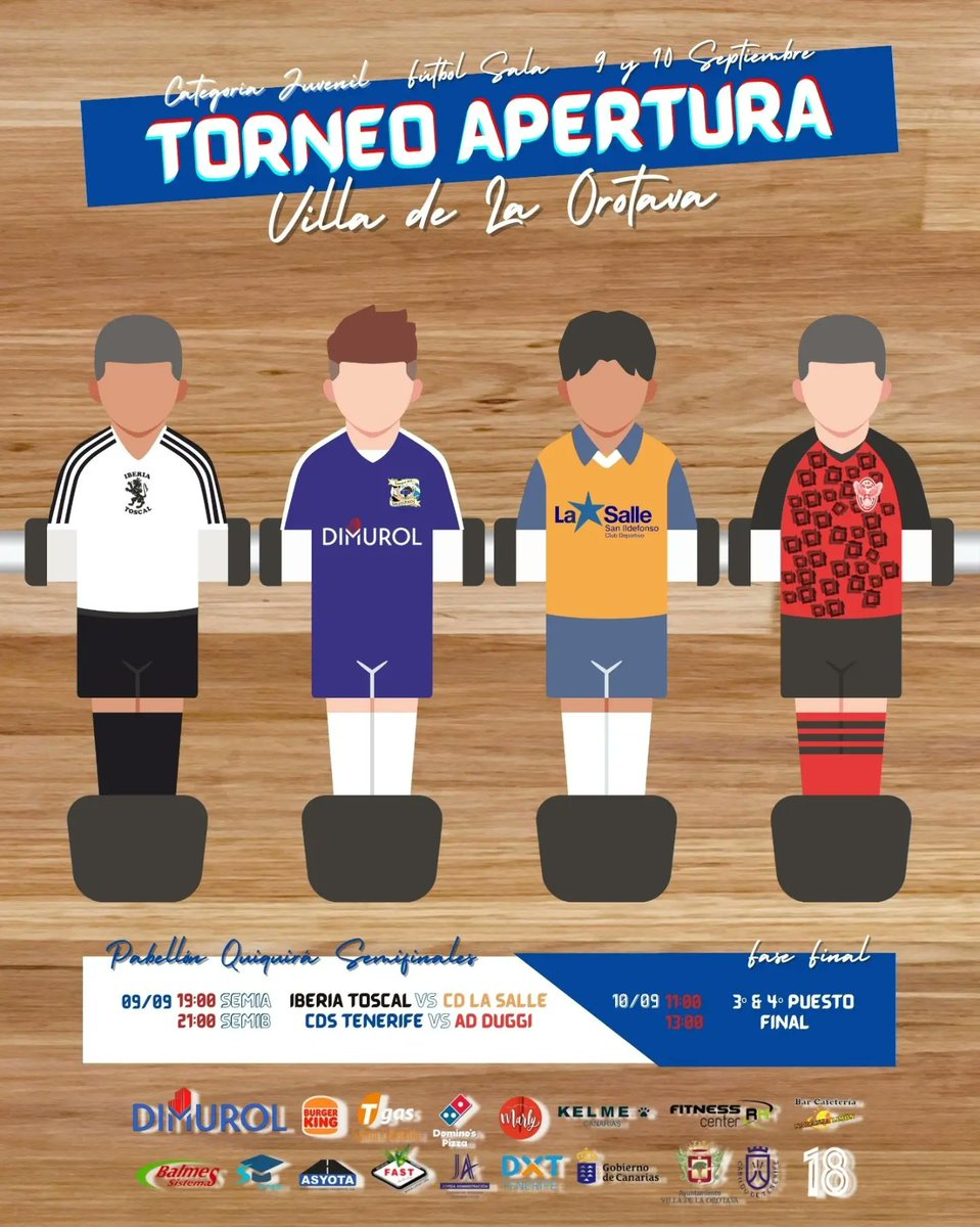 CDSalesianosCDS's tweet photo. 🏆 Torneo Apertura 🏔 @LaOrotava ⚽ Fútbol Sala 🙋🏻 Categoría Juvenil.
🗓 Viernes 09 y Sábado 10 de Septiembre 🏟 Pabellón Quiquirá de La Orotava.
🛡 Participan:
⚫⚪ @IberiaToscal
🟠🔵 #CDLaSalle
⚫🔴 @ADDuggi
⚪🔵 @CDSalesianosCDS https://t.co/HivmBmoRBZ