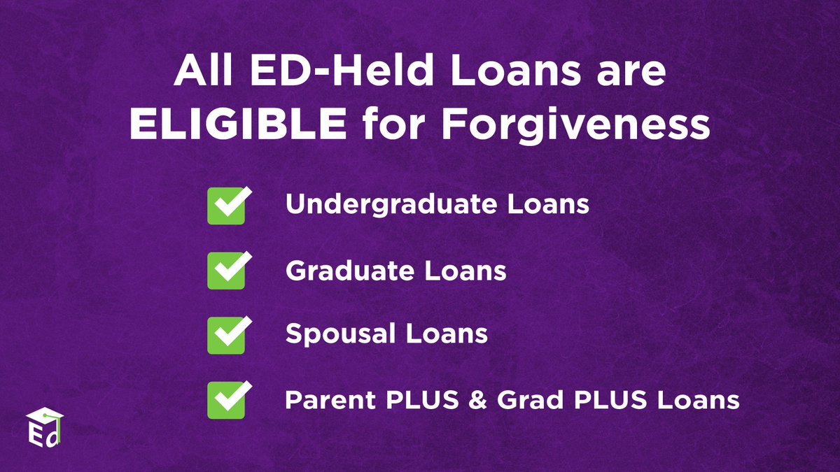 Wondering if your federal student loans qualify for cancelation? Undergrad loans, grad loans, spousal loans, and parent PLUS/grad PLUS loans are all eligible! Get the latest information at StudentAid.gov/DebtRelief #WednesdayWisdom