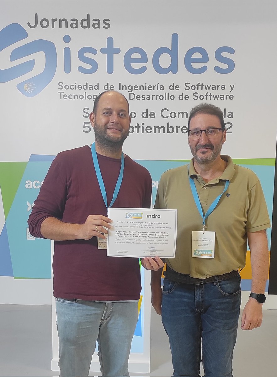 Recibiendo premio JCIS-INDRA al mejor artículo de investigación en defensa y seguridad junto a <a href="/edufdezmedina/">Eduardo Fernandez-Medina</a>  en las Jornadas SISTEDES <a href="/GrupoGSYA/">GSYA</a> <a href="/Idea_Group_US/">IDEA reseach group</a> <a href="/unisevilla/">Universidad de Sevilla</a> <a href="/InvestigaUS/">Investigación US</a>