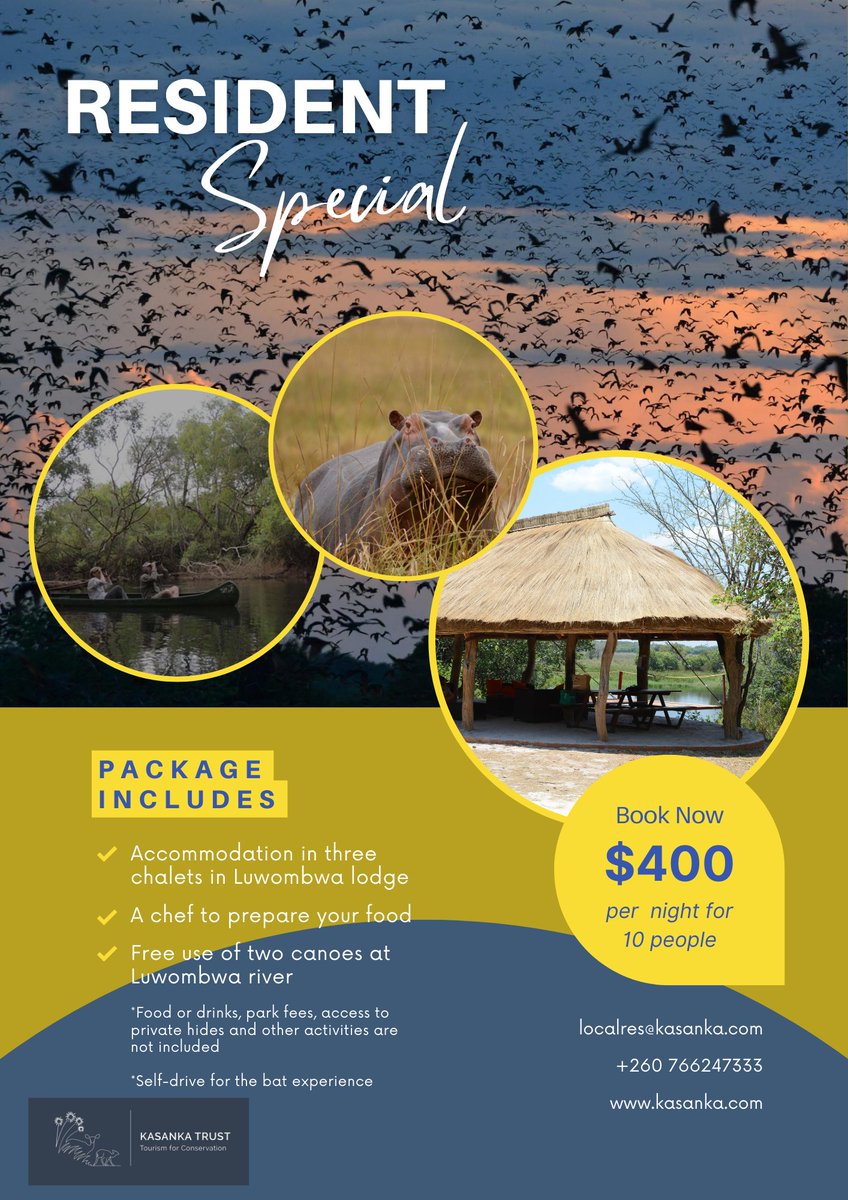 KasankaTrust's tweet image. SPECIAL OFFER FOR RESIDENTS!

Why not take advantage of this great offer to stay at Kasanka National Park and see one the world’s greatest wildlife spectacles?

For just $400 per night, you and up to 9 guests can enjoy the peace and tranquility of Luwombwa..