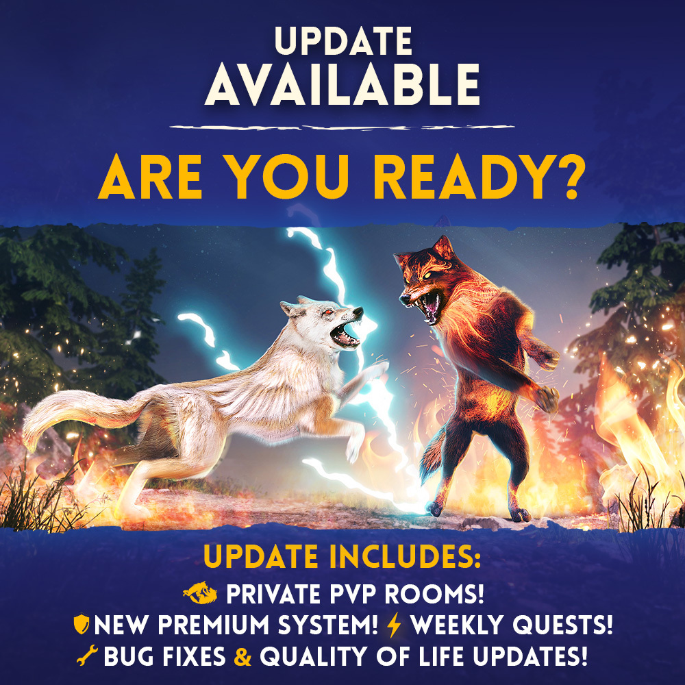 The new update is live! Lot's of new exciting content such as: ⚔ Private PVP Rooms 🐺 New Premium System ✨ Weekly Quests 👀 Experimental Changes to Networking for PVP & COOP! Are you excited for the new update? Head over to your app store now and download!