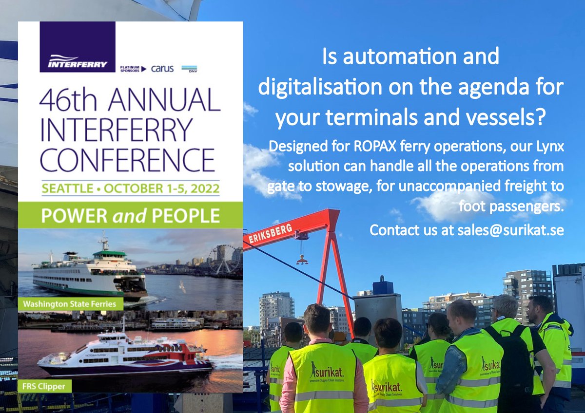 SurikatLynx's tweet photo. Surikat will be attending the @InterferryOrg Conference in Seattle 1-5th Oct. If automation or digitalisation is on the agenda for your terminals and vessels, then our Lynx solution might be the answer. You can book a meeting with us by emailing to sales@surikat.se #Interferry46 https://t.co/QWYKiSXkFc