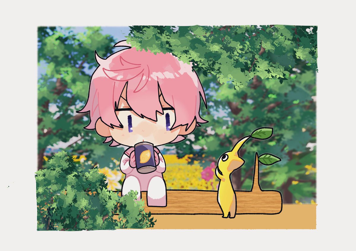 pink hair 1boy male focus chibi holding sitting cup  illustration images