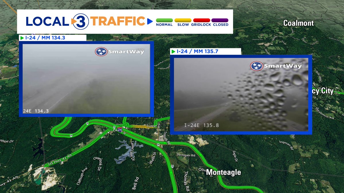 Patchy dense fog continues this morning. Check out these views from Monteagle on I-24. Please, take it slow driving. (9am / 8am CT)