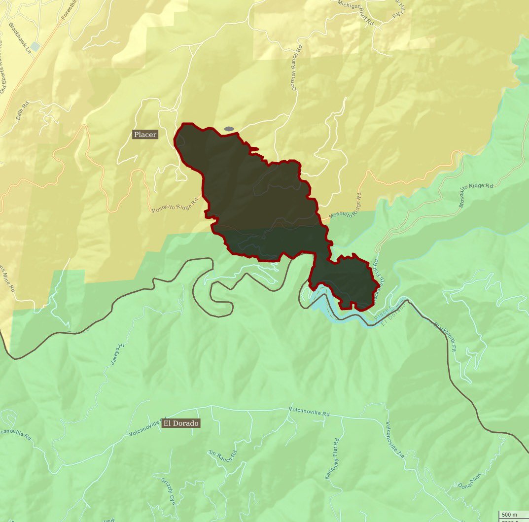 #MosquitoFire 5:00am: Vegetation fire located near Oxbow Reservoir on the Tahoe National Forest (Placer County). 822 acres 0% contained. An additional 100 acres in El Dorado County. CAL FIRE NEU is in Unified Command with the Tahoe National Forest and Placer County Sheriff.