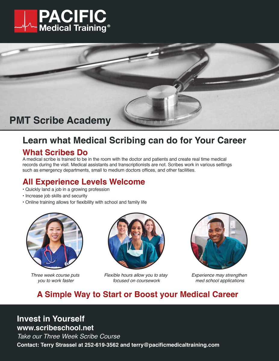 Invest in Yourself!  Wanting a way to boost your medical career?  Consider the PMT Scribe Academy!  This will help you build the foundation for your future career in medicine.  Apply for the three-week training course now! 🏥