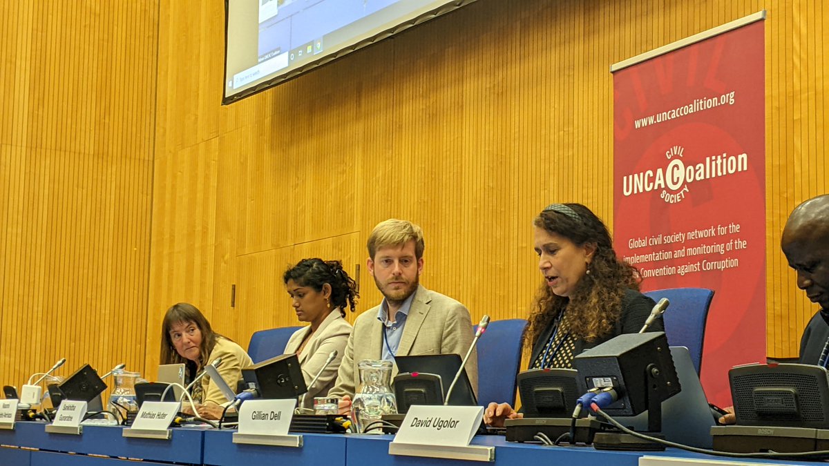 uncaccoalition's tweet photo. 🌐 Gillian Dell of TI @anticorruption underlines the importance of making #beneficialownership registers public and actively confiscating bribes, which would facilitate asset detection &amp; recovery, and calls for more countries to address the #compensation of victims! #UNCAC https://t.co/H9NlCFTqrm