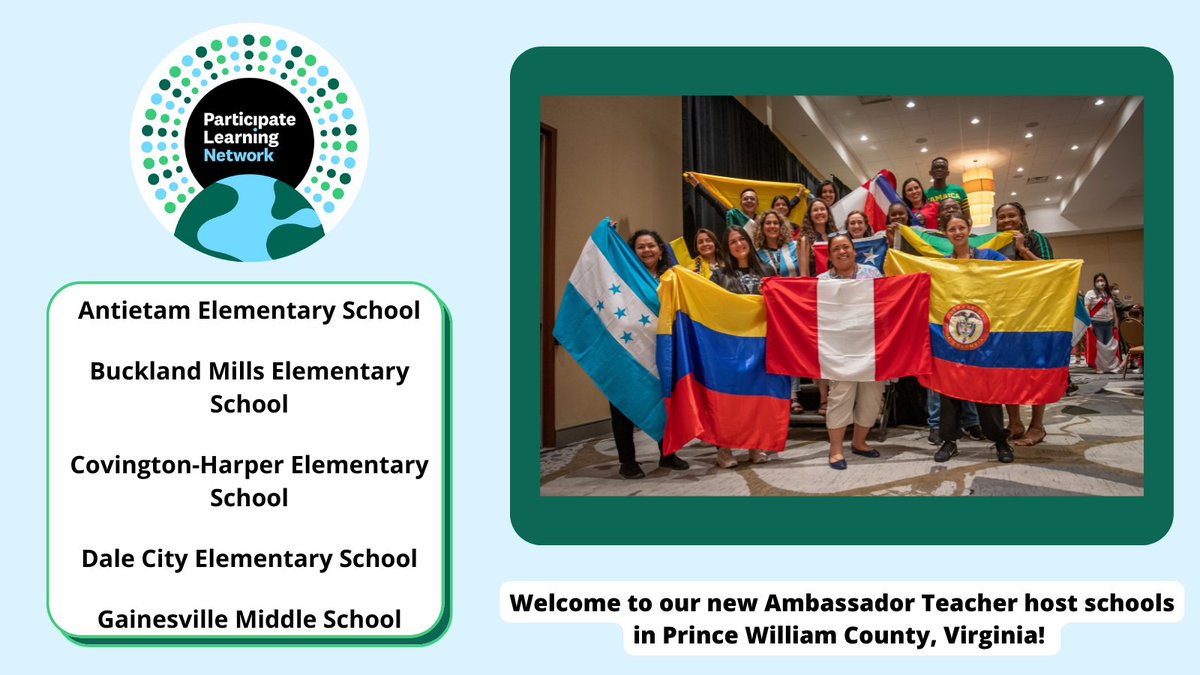 Are you ready to meet our new <a href="/PWCSNews/">PWCS</a> Ambassador Teacher host schools? First up, we're welcoming <a href="/anesmustangs/">Antietam ES</a>, Buckland Mills Elementary, @CovingtonHarper, <a href="/Dale_City_ES/">DCES</a>, and <a href="/HighFlyingHawks/">Gainesville Middle</a> to the Participate Learning Network. 🎊 #UnitingOurWorld