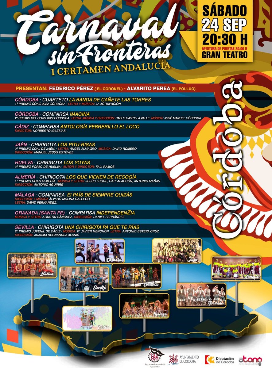 Chirigotapitufo's tweet photo. ⭕️ ACTUACIÓN EN CÓRDOBA ⭕️ 

El sábado 24 de septiembre estaremos en el Gran Teatro de Córdoba en el primer certamen "Carnaval sin Fronteras" en el que participarán grupos de las 8 provincias de Andalucía. Vuelve la comuna, vuelven "Los Pitu-Risas". https://t.co/Y2YfxFE6Ci
