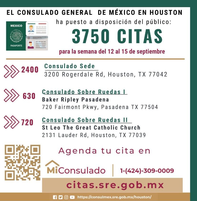 ¡𝗛𝗮𝘆 𝗰𝗶𝘁𝗮𝘀 𝗱𝗶𝘀𝗽𝗼𝗻𝗶𝗯𝗹𝗲𝘀!
Evita inconvenientes y agenda tu cita en 𝗠𝗶𝗖𝗼𝗻𝘀𝘂𝗹𝗮𝗱𝗼: citas.sre.gob.mx o
marcando al 𝟭 𝟰𝟮𝟰 𝟯𝟬𝟵 𝟬𝟬𝟬𝟵
*𝗥𝗘𝗖𝗨𝗘𝗥𝗗𝗔* Las citas son completamente gratuitas y se hacen de manera personal e intransferible.