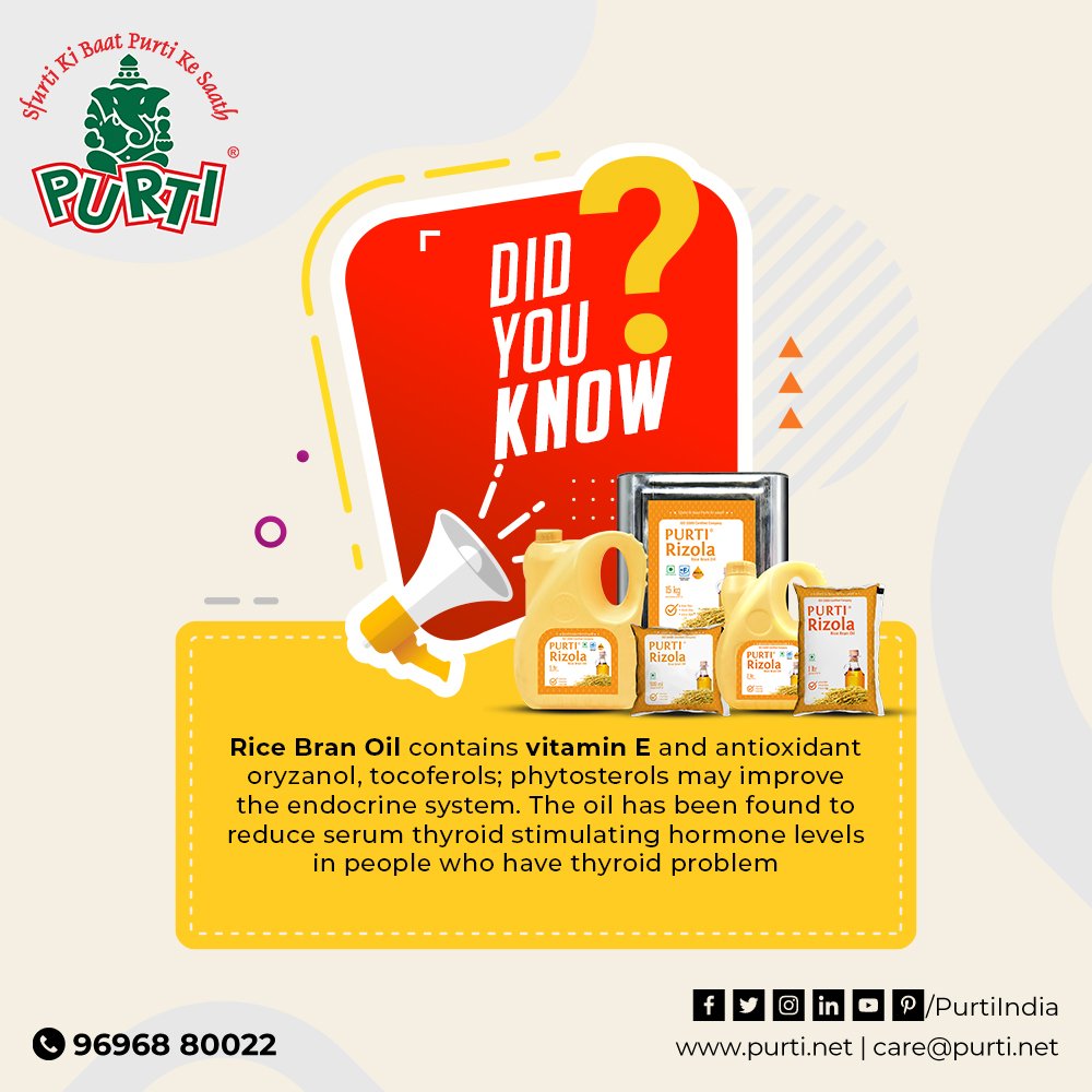 PurtiIndia's tweet photo. ๐๐ฎ๐ซ๐ญ๐ข ๐๐ข๐ณ๐จ๐ฅ๐ improves your endocrine system by lowering serum thyroid stimulating hormone levels (TSH).
#Purti #EdibleOil #CookingOil #PurtiRizola #DidYouKnow #ricebranoil #endocrinesystem #TSH #thyroid #TSHlevels #thyroidfoodstoavoid #thyroidhealthfacts https://t.co/kEmeoicJDy