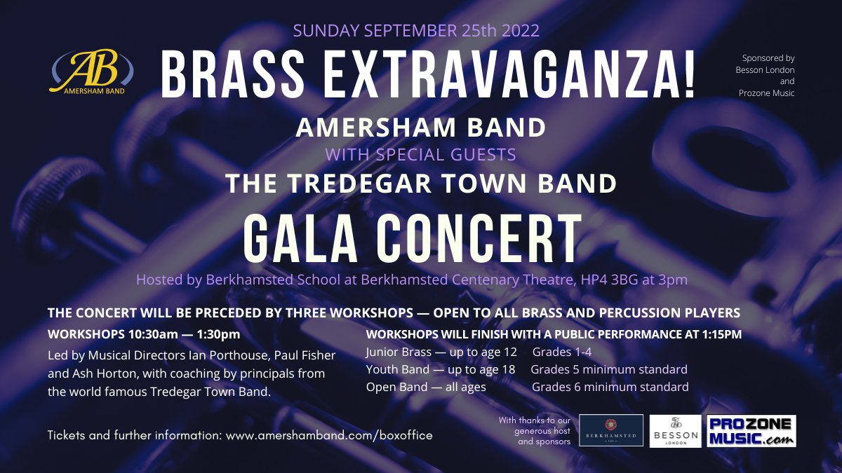 Exciting news about a fantastic day of workshops and a gala concert on Sunday 25th September. Amersham Band will be hosting the world-famous Tredegar Town Band, fresh from their triumph at the Proms. Please tell all your friends and make sure you get your tickets asap.