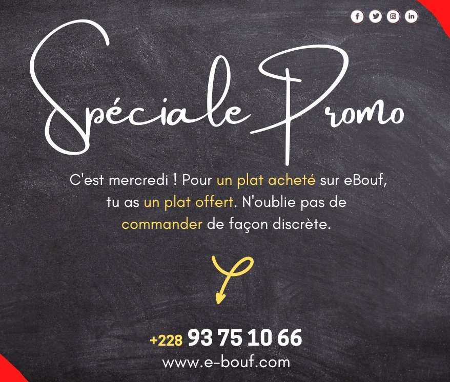bouf_e's tweet photo. C'est gaté 😎 Utilise le code promo #discret pour commander sur eBouf et bénéficier d'un second plat offert
-
Commande ici ⤵️
🛒 https://t.co/2TiEgI7IpC

#ebouf #restaurant #commande #livraison #food #Lomé #Foodtech #Togo https://t.co/2xpeNq2cBY