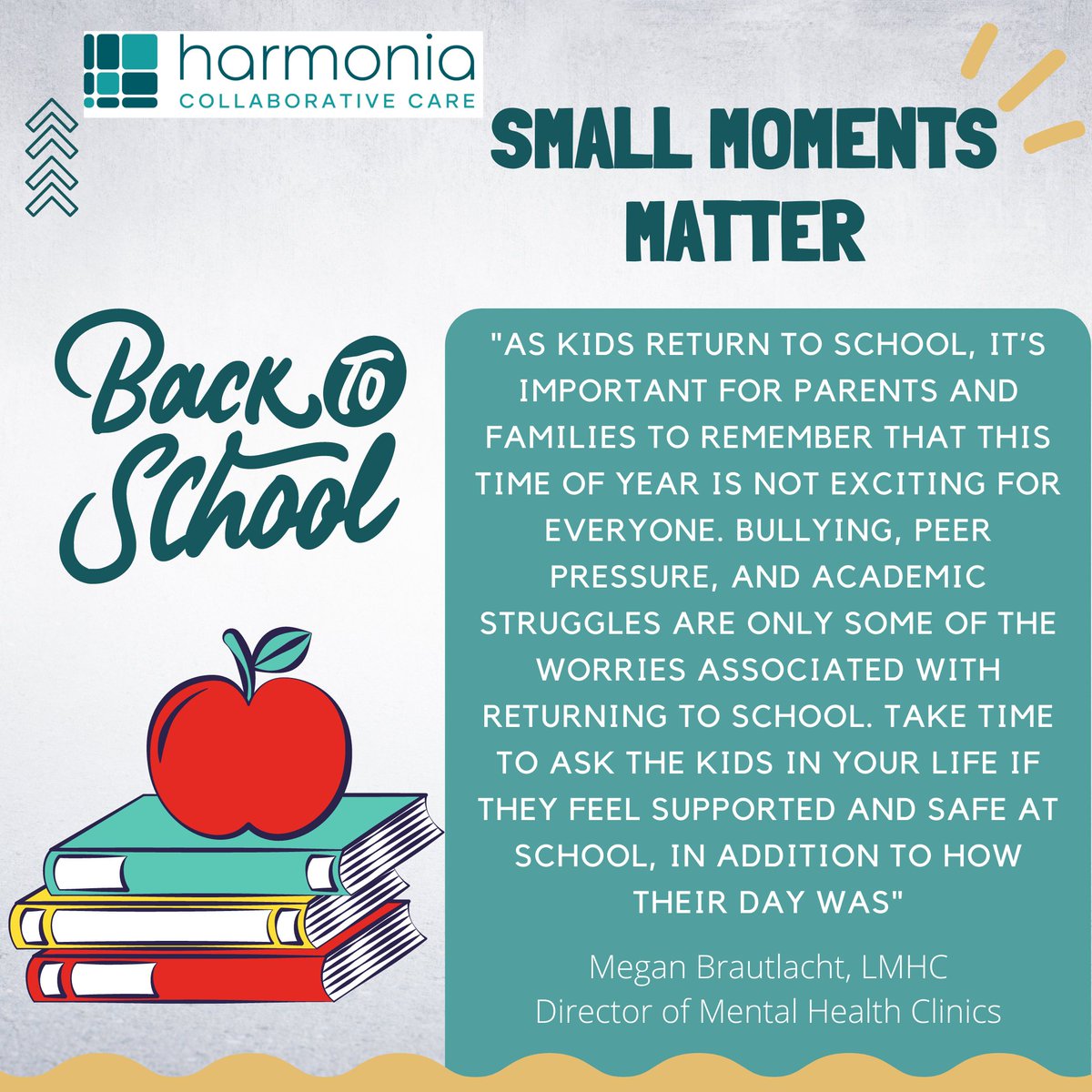 Megan Brautlacht, LMHC our Director of Mental Health Clinics has important advice for the care-givers of students returning to school this week.  

#lifewithbalance #smallmomentsmatter #mentalhealth #backtoschool