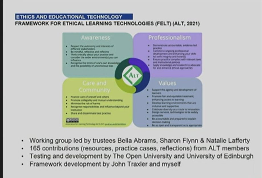 OU_LD_Team's tweet photo. This keynote, on Ethics and educational technology, by one of our fellow OU-ies, @philosopher1978  is looking very interesting! 
"You're already doing it. You're already an ethical being."
#ALTC22 #FELT #ResearchEthics https://t.co/fj9kMx7r8V