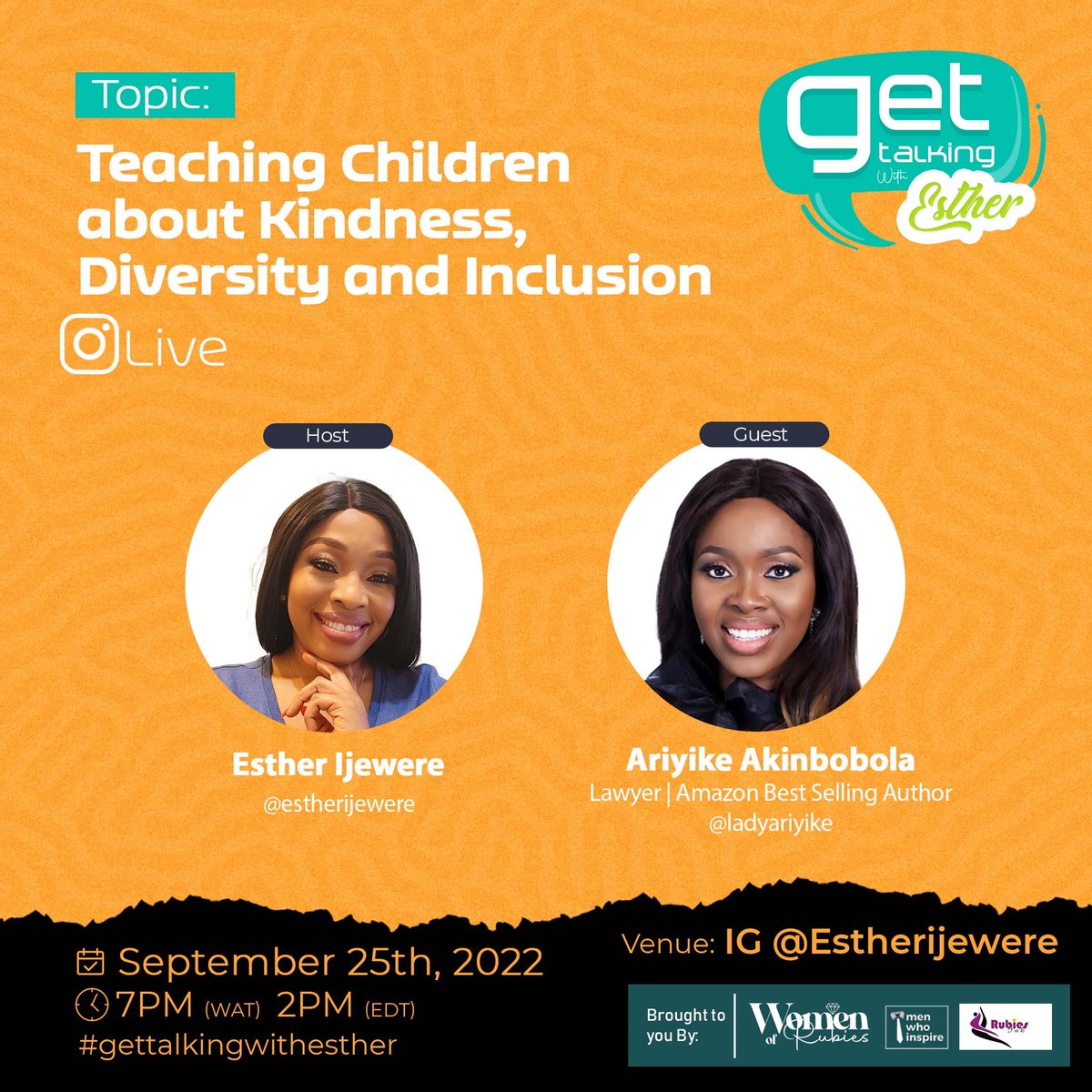 Esther Ijewere- womenofrubies.com (@estherijewere) on Twitter photo I willbe hosting 4 amazing personalities on my #GettalkingwithEsther live show this month. My mentee <a href="/gusitobby/">The CONNECTOLOGIST</a>, Immigration Consultant <a href="/TundeTASH/">‘Tunde Omotoye</a>, Behaviourial coach <a href="/sobafemi/">THE OCTOPUS</a>, & bestselling author <a href="/LadyAriyike/">Ariyike Akinbobola</a>. Kindly follow and join the conversation; bit.ly/3cVZC59 I willbe hosting 4 amazing personalities on my #GettalkingwithEsther live show this month. My mentee <a href="/gusitobby/">The CONNECTOLOGIST</a>, Immigration Consultant <a href="/TundeTASH/">‘Tunde Omotoye</a>, Behaviourial coach <a href="/sobafemi/">THE OCTOPUS</a>, & bestselling author <a href="/LadyAriyike/">Ariyike Akinbobola</a>. Kindly follow and join the conversation; bit.ly/3cVZC59