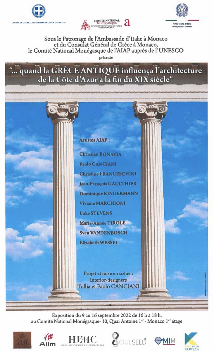 Invitation – Inauguration d’exposition “… quand la GRÈCE ANTIQUE influença l’architecture de la Côte d’Azur à la fin du XIXe siècle” #Greece #monaco #CotedAzurFrance consulat-grece.mc/invitation-ina…
