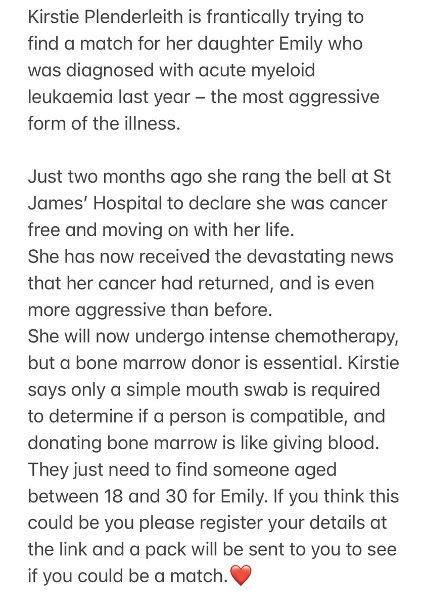 Please read & RT 🙏 Emily’s family have been given the devastating news that her cancer has returned more aggressive than ever. They have been told they have around 2 months to find a bone marrow donor who could save Emily’s life. Please read more below. webforms.anthonynolan.org/donor-applicat…