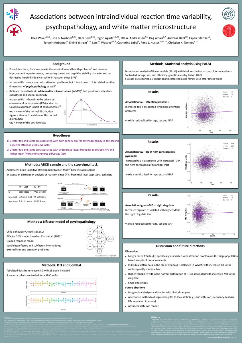 We have 3 pre-registered posters at #Flux2022 this evening. Thea Wiker is presenting her work on associations between reaction time variability and psychopathology and WM microstructure in the #ABCDStudy baseline data (poster 1-M-194).