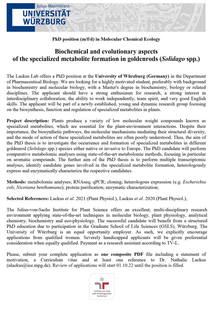 Lackus Lab (@lackus_lab) on Twitter photo Interested in the biosynthesis of natural plant compounds? I will open my own lab at the beautiful <a href="/Uni_WUE/">Universität Würzburg #UniWürzburg</a> in the Department of Pharmaceutical Biology. There is an open PhD position in my lab to study the occurrence and biosynthesis of specialized metabolites in goldenrod. Interested in the biosynthesis of natural plant compounds? I will open my own lab at the beautiful <a href="/Uni_WUE/">Universität Würzburg #UniWürzburg</a> in the Department of Pharmaceutical Biology. There is an open PhD position in my lab to study the occurrence and biosynthesis of specialized metabolites in goldenrod.