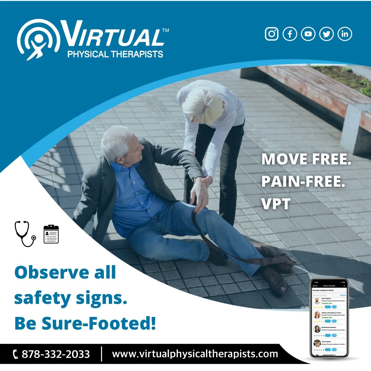 VirtPhys's tweet photo. Falls are no laughing matter. 1 in 5 falls results in serious injury. We all need to do our bit. Virtual physical therapy offers therapeutic consultancy to help reduce the overall risk of a fall. https://t.co/jf2viRK8Vw

#fallprevention #eldercare #seniorcare #virtuallyfit https://t.co/YLNaEXwYgQ