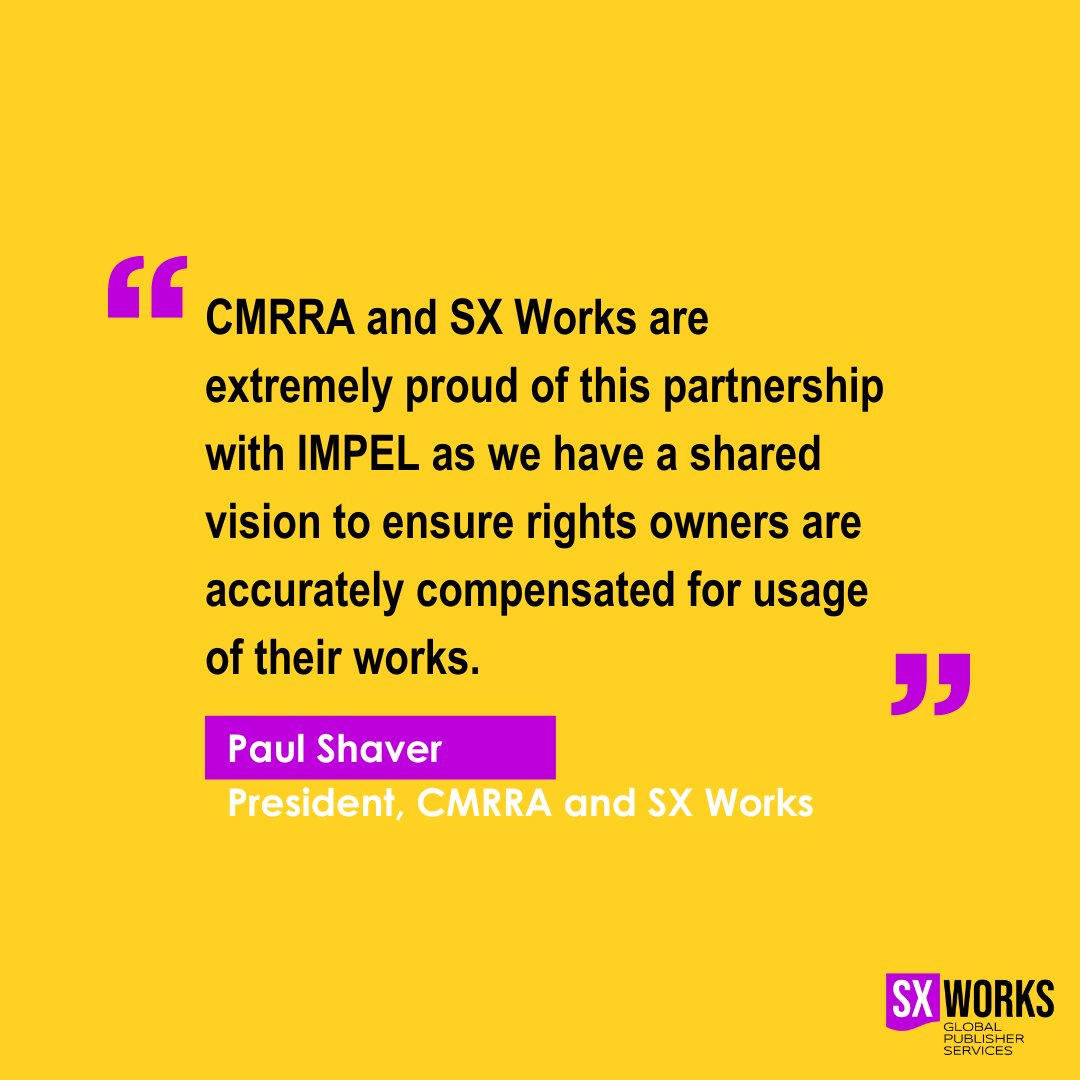 SXWorks's tweet image. We are pleased to announce our partnership with @IMPEL__ and @CMRRA. This partnership empowers IMPEL’s members to license their digital rights directly in Canada with the CMRRA and in the U.S. via SX Works. 

Learn more about the partnership below: 
sx-works.com/2022/09/07/imp…