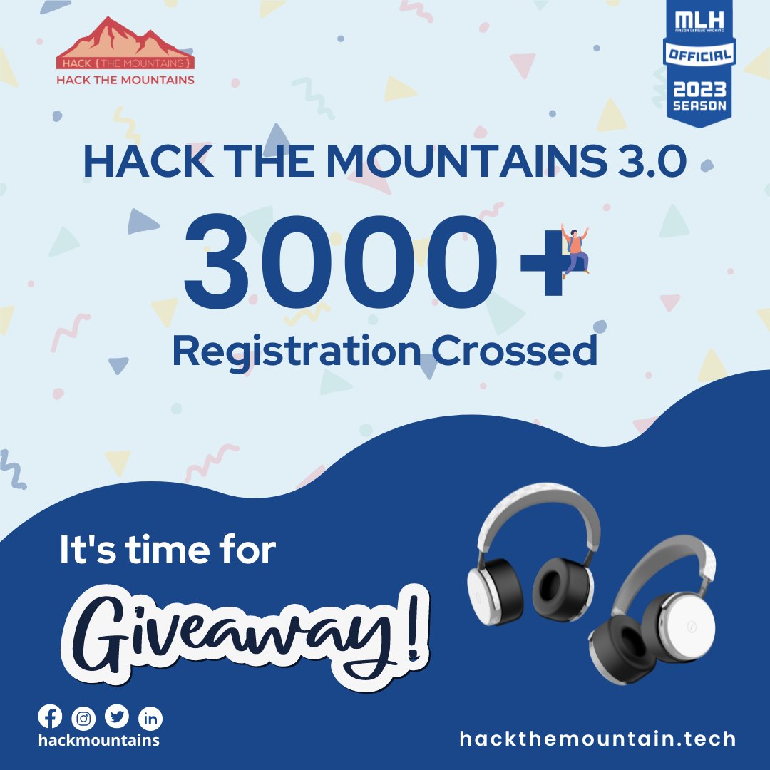 📢Giveaway alert
We are excited to announce that HTM3.0 has reached the height of 3000+ registrations
And we present another giveaway!
Giveaway rules are:
✅Follow <a href="/HackMountains/">Hack The Mountains</a>
✅Retweet this tweet
✅Register for HTM3.0 at bit.ly/3PmlljO
✅Tag 3 friends in the comments