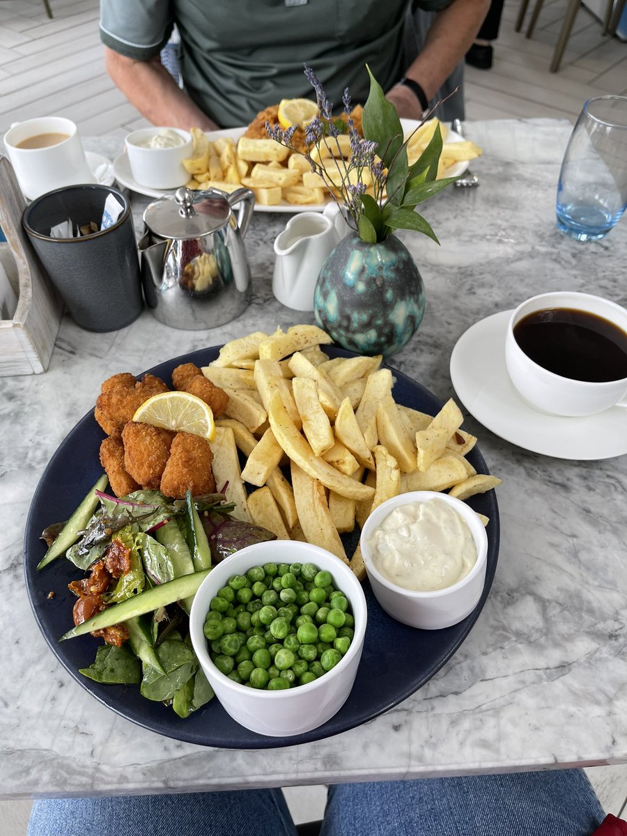 It’s my birthday… just a bairn (as they say up here) at 75 🥳.  Back for the first time at the newly reburbished #seaview restaurant at Saltburn.  Excellent scampi and chips and cod and chips for himself.😋🥰❤️💖