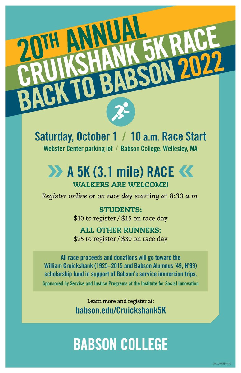 DeanRMajor's tweet photo. Looking forward to the 20th Annual Cruickshank 5k race as part of Back to Babson weekend. https://t.co/L4q8Ze2wZC #Babson #BacktoBabson https://t.co/tzv4LfrHlC