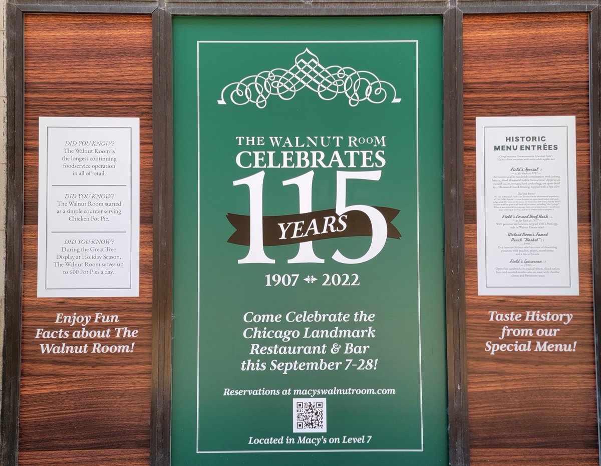 seaninwindycity's tweet photo. Come celebrate @Macys #WalnutRoom 115 #anniversary in #Chicago at the iconic #StateStreet location. Limited edition menu offerings as a throwback to some of #MarshallFields fans favorites over the years. https://t.co/C4zzUswpon