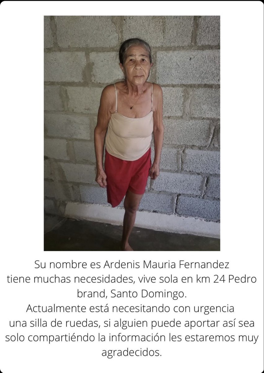 jpmonterop's tweet photo. Estimados @GloriaReyesG @mvfloresc @Yannuell Por favor su colaboración, la Sra. Ardenis Fernandez necesita con urgencia una silla de ruedas y por que no también ser incluida en @SuperateRDO el número de contacto es (829) 204-6423 #HagamosQueSuceda @raquelarbaje https://t.co/JFnjFt2NUf
