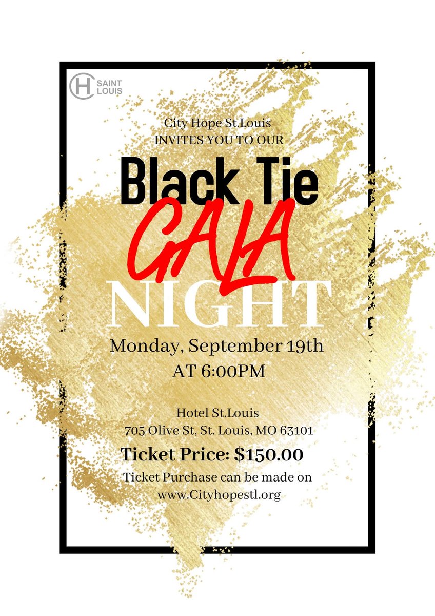CityHopeSTL's tweet photo. purchasing your ticket.  The City Hope St. Louis Black Tie Gala is being held at Hotel St. Louis on Monday, September 19, at 6 p.m.  Tickets are $150 per person and can be purchased on our website, https://t.co/1ovyxa7dRG on the “Events” page.  We hope to meet you there! https://t.co/4YbiBb7BEI