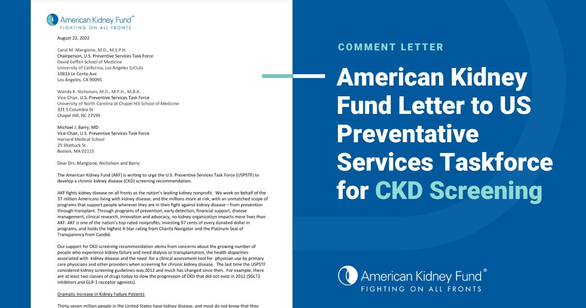KidneyFund's tweet photo. AKF recently shared CKD screening recommendations to the #USPFTF. Comments express concern of the growing number of people who experience #KidneyFailure needing #dialysis or #tansplant, and the #HealthDisparities that affect them. 
🔗 https://t.co/vnpNekIBoh @CPSTF https://t.co/x6yKj9b2Sj