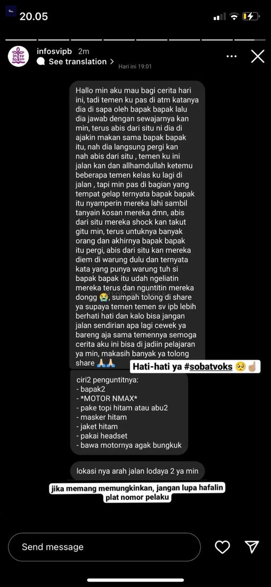 ipb_menfess's tweet photo. Punten tiati yaa anak sv apalagi cewek jangan jalan sendirian kalo kosannya di lodaya https://t.co/QBNfs3ikd3