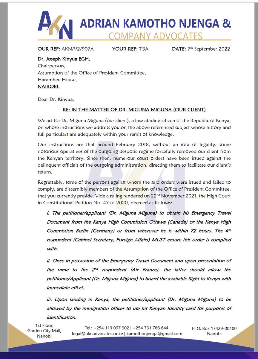 MigunaMiguna's tweet photo. My advocate, Adrian Kamotho Njenga (@adriankamotho1), has today delivered this letter to Joseph Kinyua, the chair of the Assumption of the Office of President Committee and OUTGOING Head of Public Service at @StateHouseKenya. Let's wait and see his response. Viva! https://t.co/XKA3a9lpgH