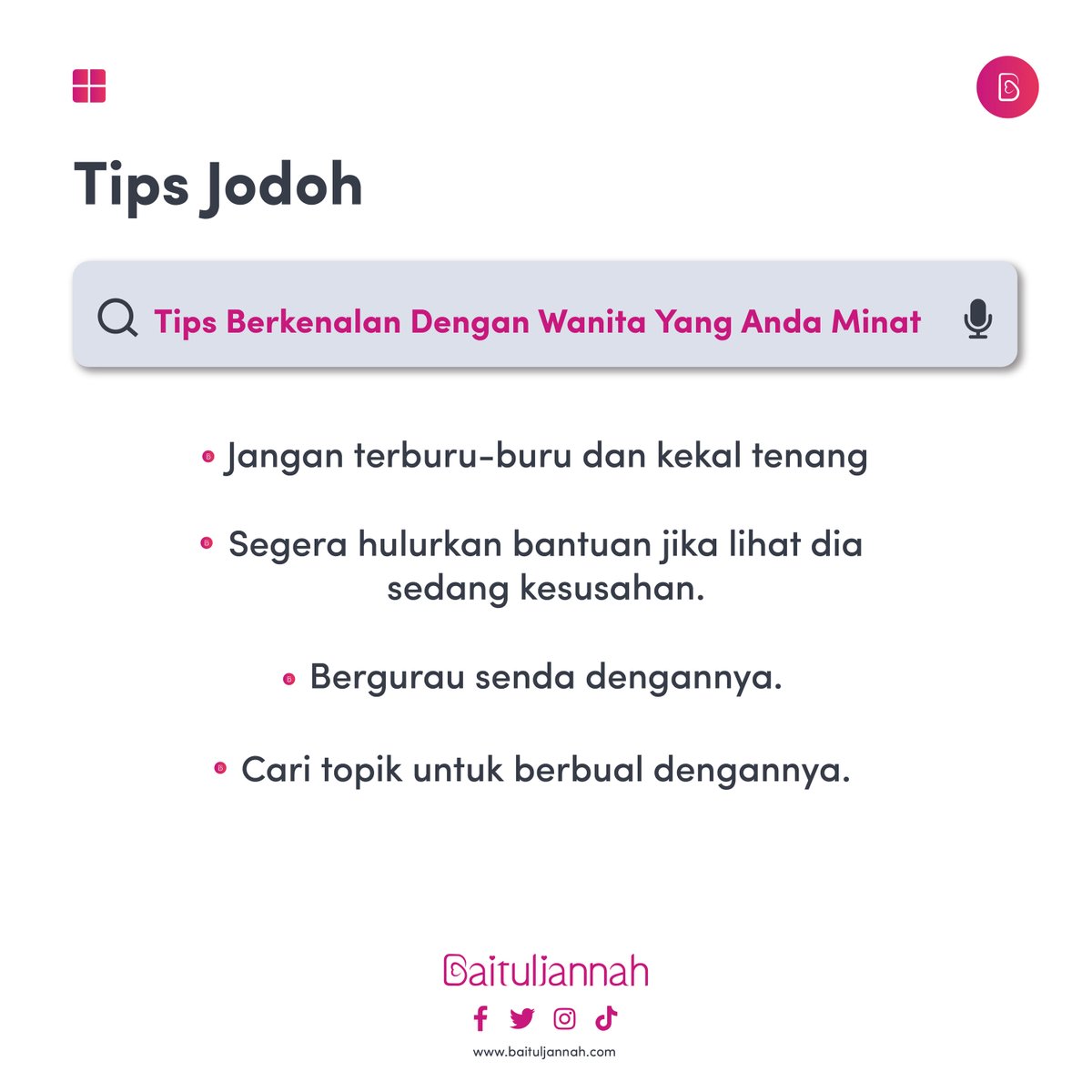 baituljannah_MY's tweet photo. #TipsJodoh
Semasa dalam proses berkenalan di https://t.co/YvVzlKxPQU, apa yang perlu awak lakukan jika berhadapan dengan si dia yang awak minat adalah sentiasa tenang dan jangan terburu-buru. Perlahan-lahan pikat hati si dia https://t.co/E4EFwrEHxy
