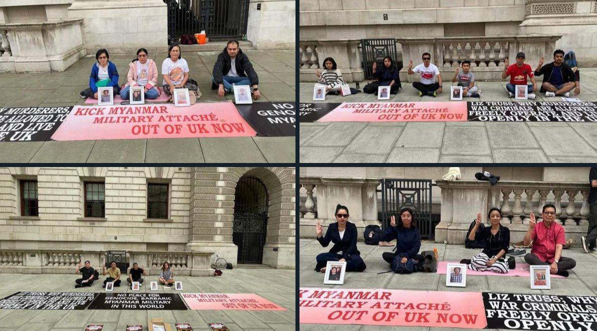 cassiakhin's tweet photo. In commemoration of 4 activists executed by junta, Stars of Friendship Club &amp; Unity Movement have been on a sit-in strike named Four4Freedom Campaign for 20 days in front of UK Foreign Office since Aug 8 (8888 34th Ani). #2022Sept7Coup #WhatsHappeningInMyanmar https://t.co/BH5OUYhpnG