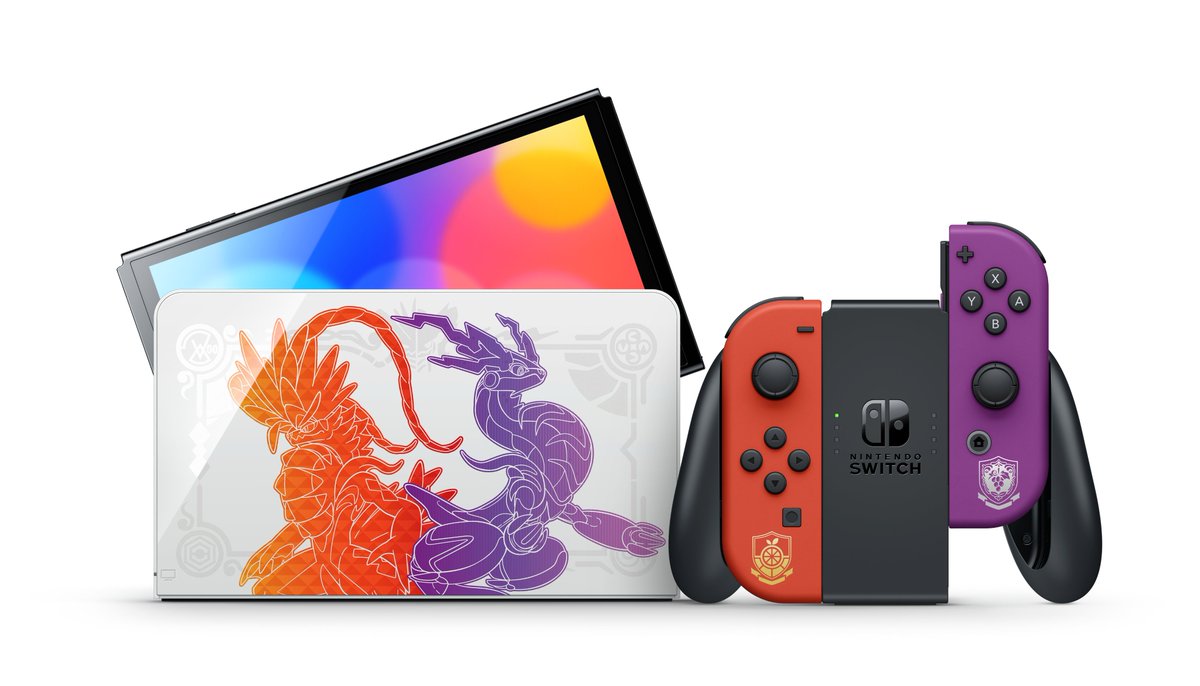pokejungle's tweet photo. High-resolution images of the new limited-edition Scarlet &amp; Violet Switch OLED #PokemonScarletViolet For full trailer and details: https://t.co/VXre2OuoB9 https://t.co/9PPI05ekXd