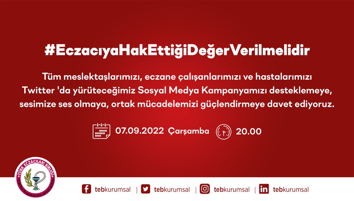 Tüm meslektaşlarımızı, eczane çalışanlarımızı ve hastalarımızı Sosyal Medya Kampanyamızı desteklemeye, sesimize ses olmaya, ortak mücadelemizi güçlendirmeye davet ediyoruz.
bit.ly/3x6UxxJ
#EczacıyaHakEttiğiDeğerVerilmelidir