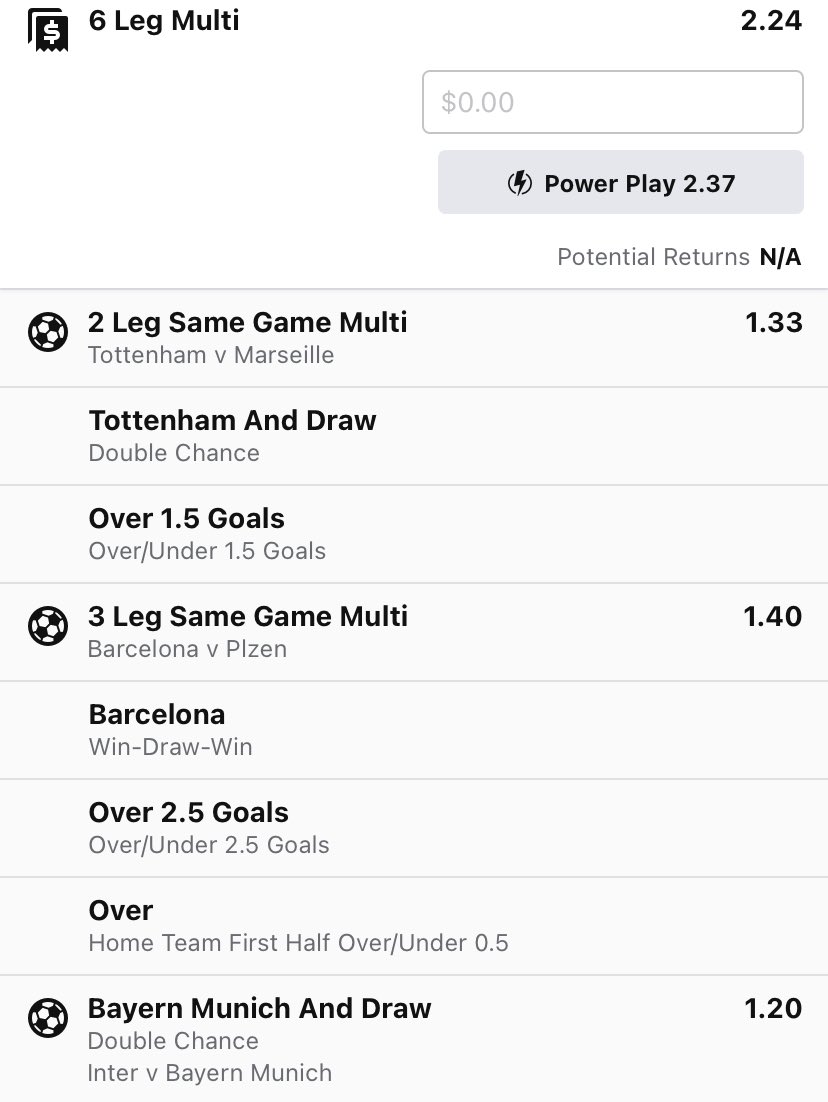 DYMTIP's tweet photo. ⚽️ Football - UCL 

➡️ 6 leg multi @ ($2.24)

18+, gamble responsibly.     

#betting #UCL https://t.co/ispnHoIbCK