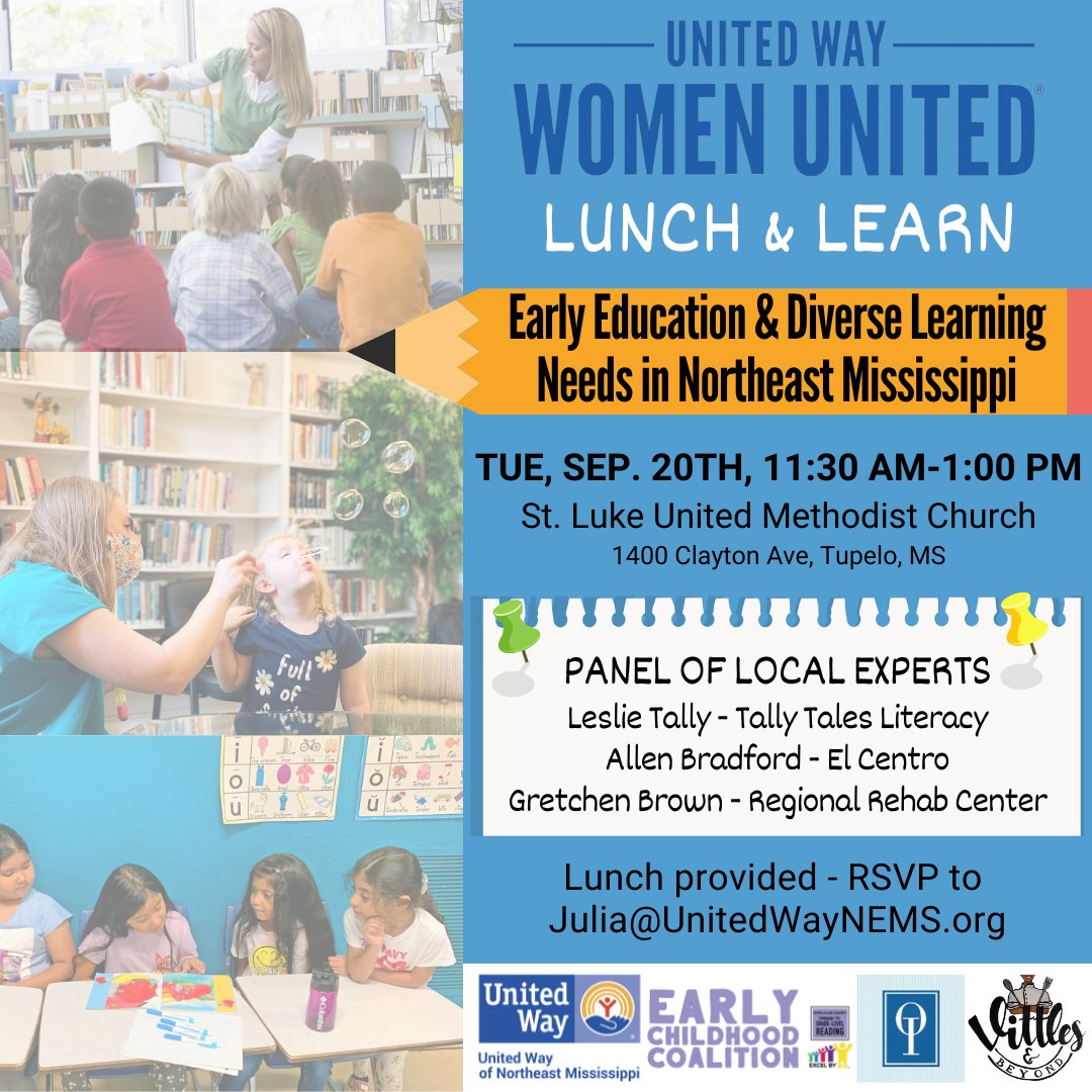 groundswellms's tweet photo. Join Women United in learning about Early Education &amp; Diverse Learning needs in NEMS on Sep. 20 at 11:30-1 at St. Luke United Methodist Church in Tupelo. Free plate lunch from Vittles &amp; Beyond. Sponsored by Orthopaedic Institute. RSVP to julia@unitedwaynems.org https://t.co/EGPywYANf3