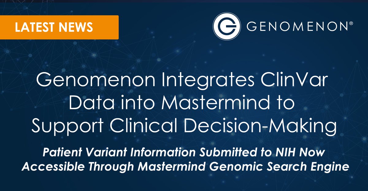 genomenon's tweet photo. #PRESSRELEASE We are pleased to announce that Genomenon has integrated all the variants and pathogenicity interpretations from the #ClinVar database into #MastermindGSE. Read more about the latest update: https://t.co/MrmQeIWrkw
#genomics #bioinformatics #genechat https://t.co/4ySYk0GTVu